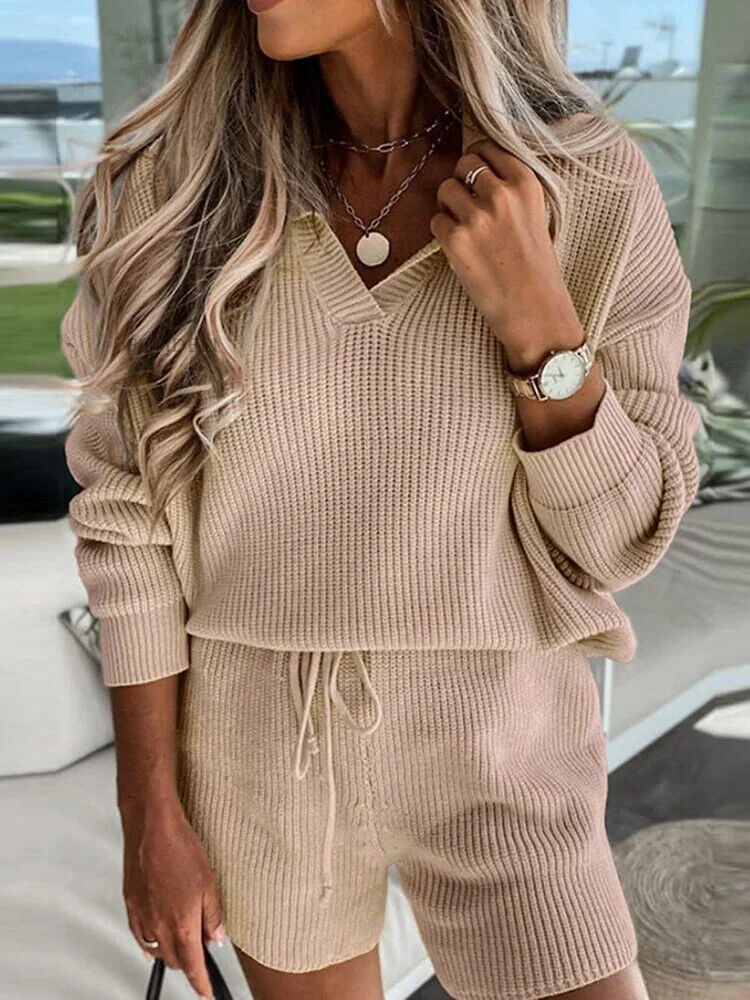 Women V Neck Sweater Shorts Outfit Piece Set Straight Waist Shorts 2pcs Suit