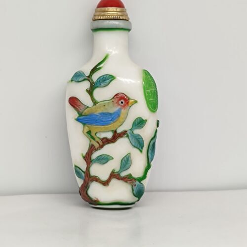 chinese carved tree bird statue peking glass snuff bottle painted Carving glaze