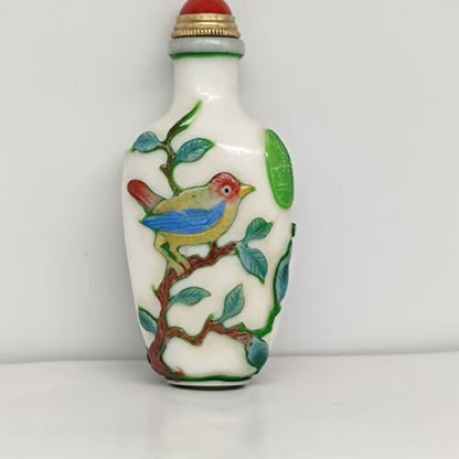 chinese carved tree bird statue peking glass snuff bottle painted Carving glaze