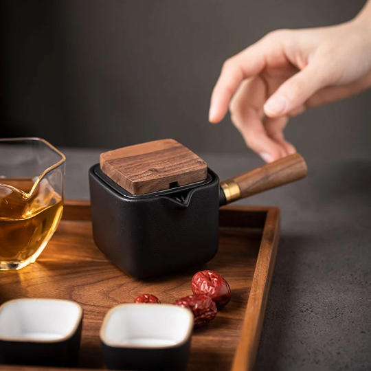 Black Ceramic Kyusu Teapot with 4 Cups and Glass Pitchers