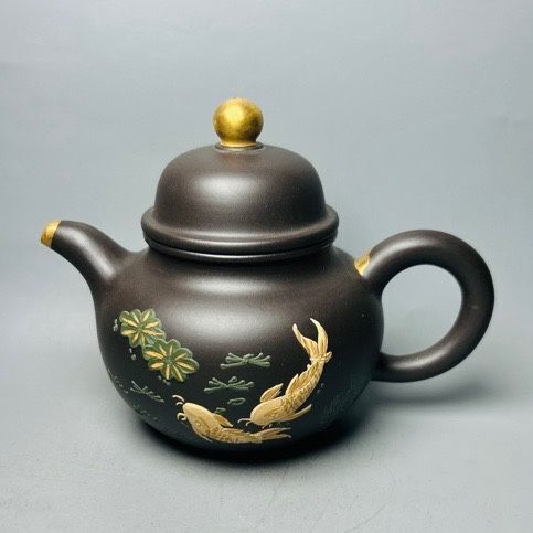 Vintage Chinese Yixing Purple Clay Teapot Zisha Ceremony Painted Fish Tea Set