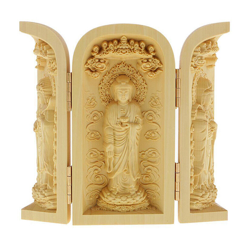 Buddha Statue Carved Wooden Sculpture Decor Three Open Box Home Ornaments NEW