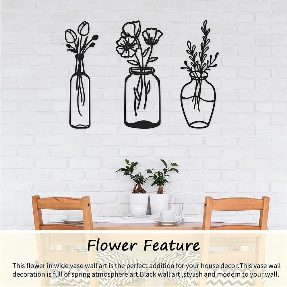 3pcs Metal Flower Wall Decor, Vase Wall Art Tulip Wire Iron Decor, Floral Wall