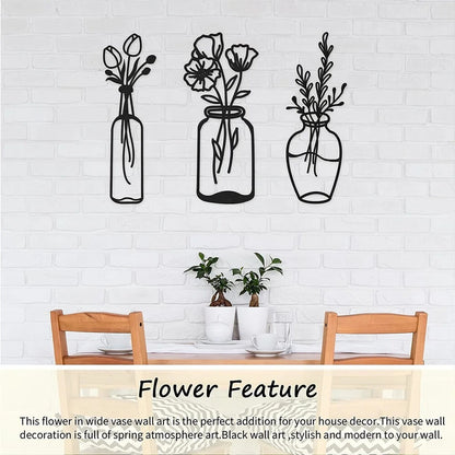 3pcs Metal Flower Wall Decor, Vase Wall Art Tulip Wire Iron Decor, Floral Wall