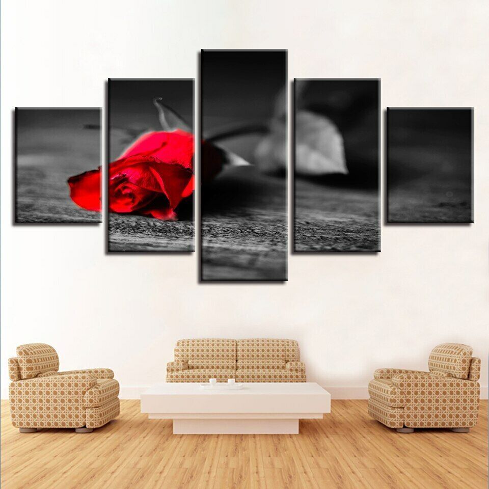 5 Pieces Lonely Red Rose Pictures For Living Room Flower Poster Modular Wall Ar