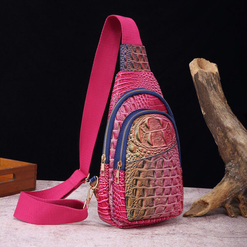 Women Patent Leather Crocodile Sling Backpack Casual Crossbody Chest Bag Daypack