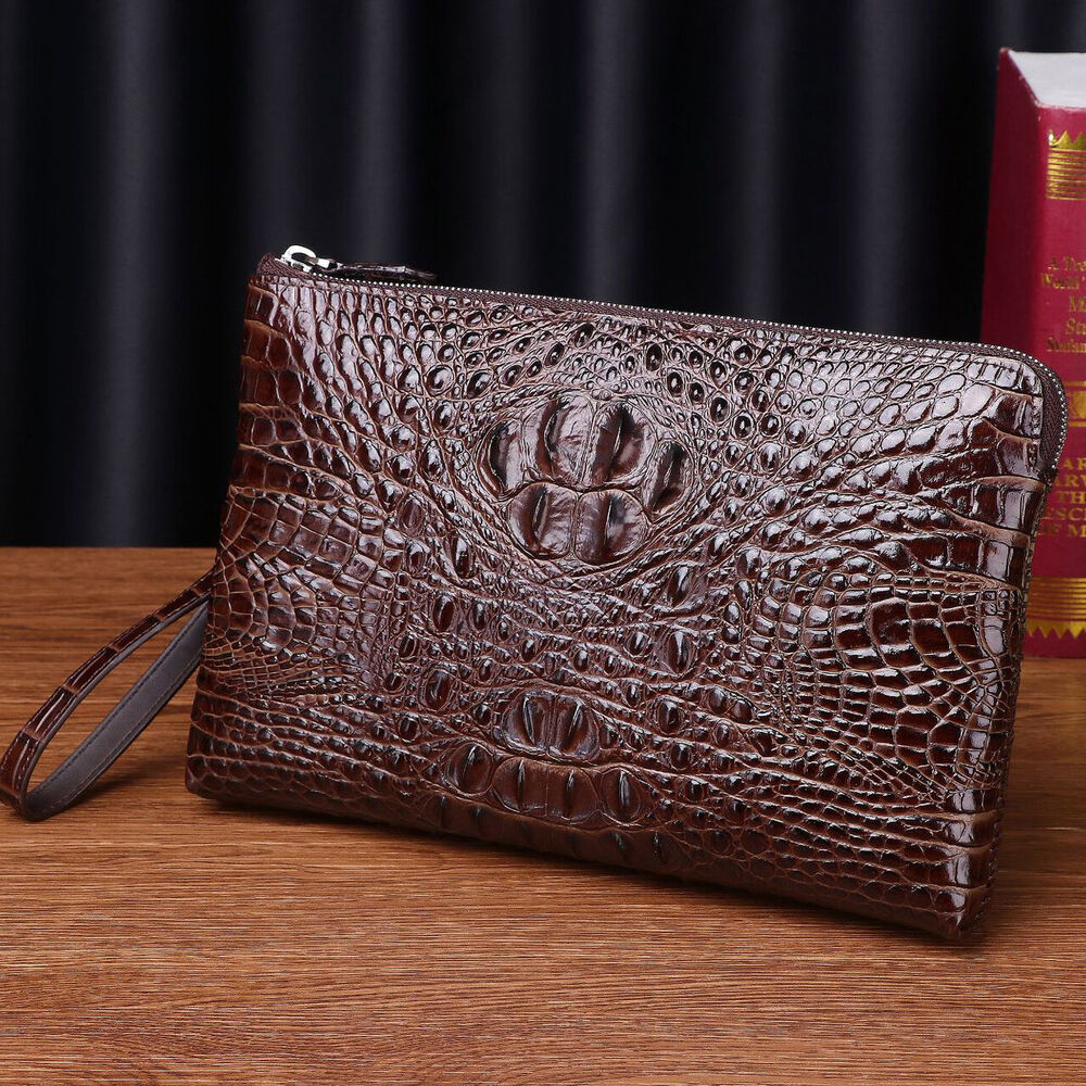 Top Cow Leather Men's Business Clutch, Luxury Crocodile Embossed Envelope Bags