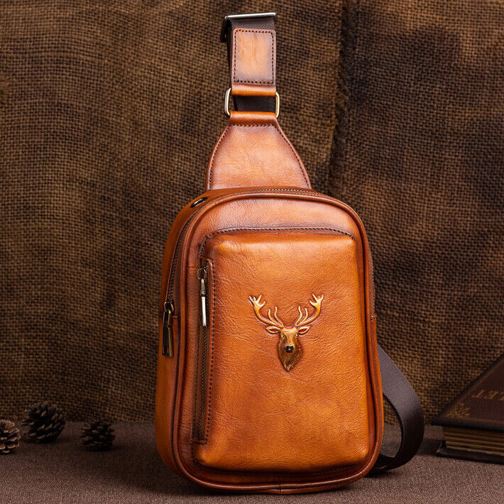 Men's Sling Backpack, 100% Genuine Leather Crossbody Chest Bags Sport Daypack