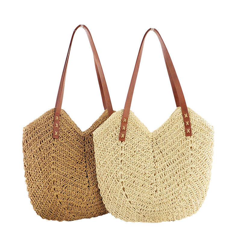 Women Boho Straw Woven Rattan Handbag Tote Bag Hollow Shoulder Bag Summer Beach