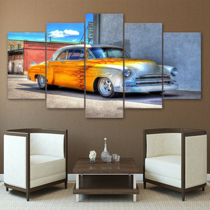 Classic Car Chevrolet Yellow Poster 5 Panel Canvas Print Wall Art Home Decor