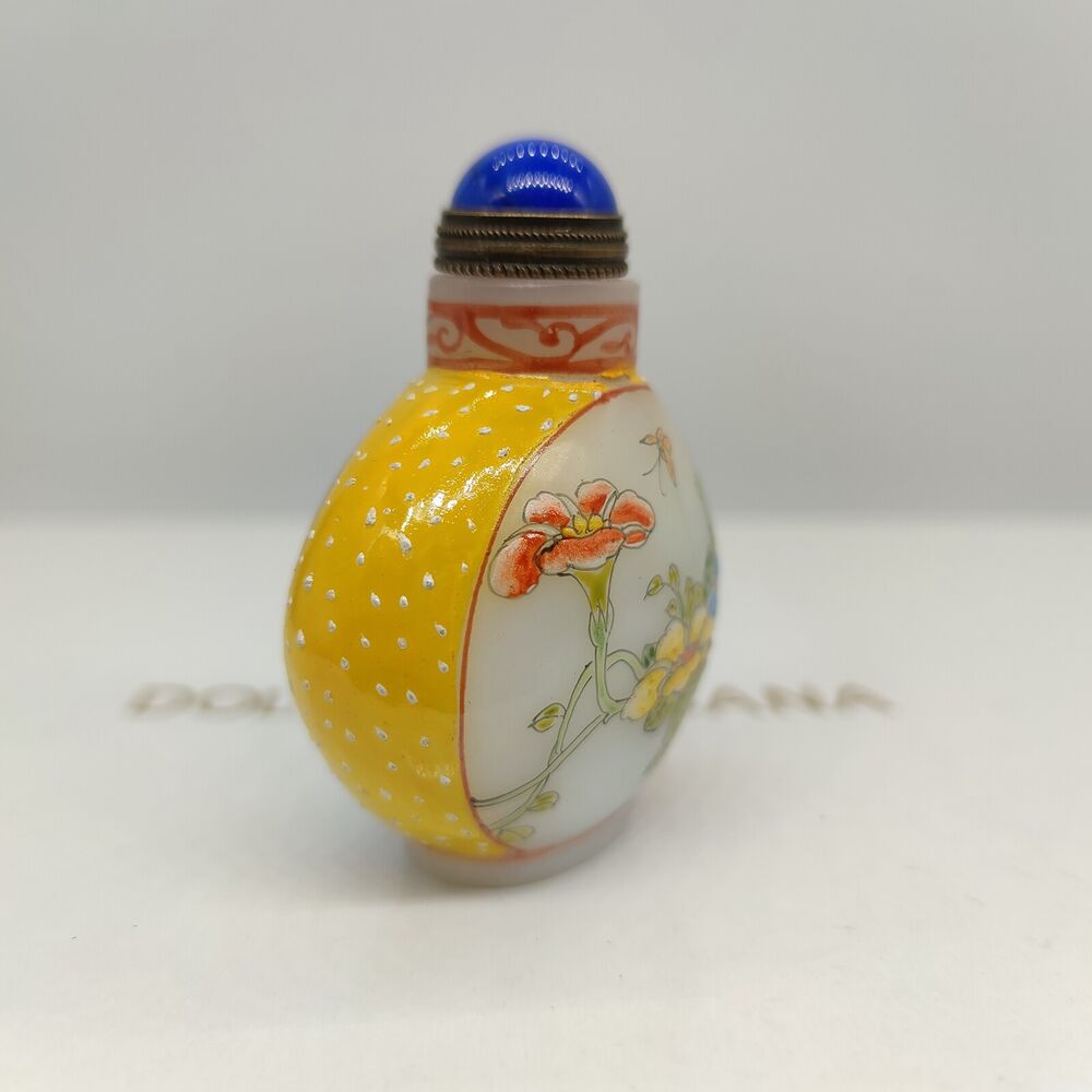 Chinese Peking Glass Snuff Bottle Painted Bird Flower Signed Love Yellow Box Art