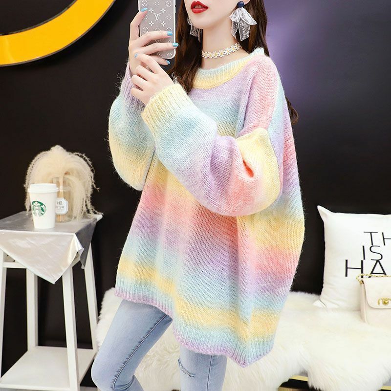Women Rainbow Sweater Knitted Cotton Pullovers O-Neck Oversize Loose Striped Top