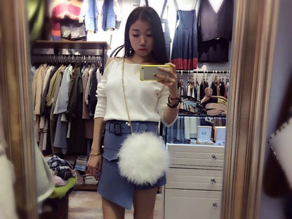 New Designer Fluffy Genuine Feather Clutch Fur Bag Round Chain Purse Multi-color