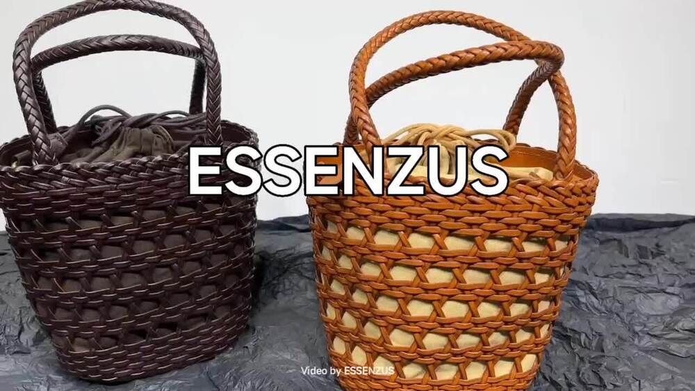 Small Woven Real Leather Drawstring Basket Bag Tote Bucket Beach Shoulder Bag