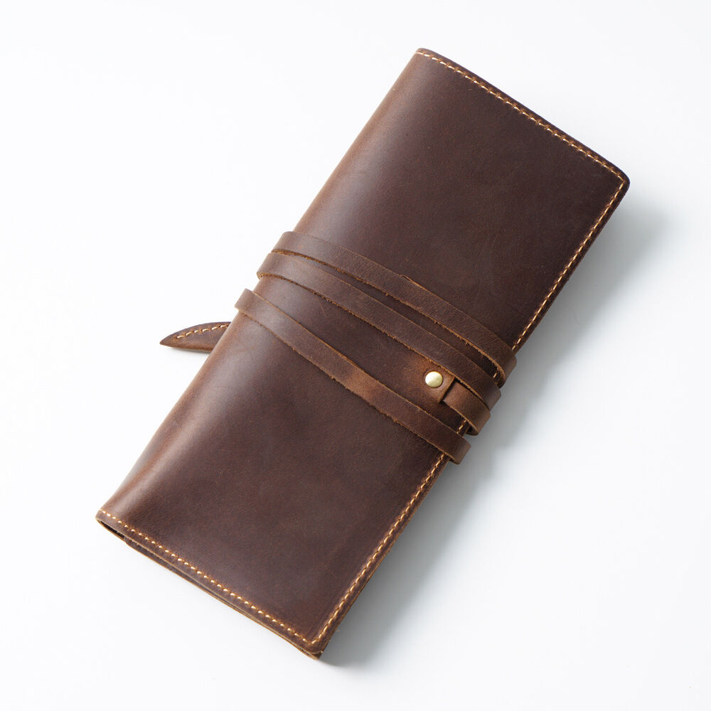 Handmade Cowhide Leather Pen Pouch Vintage Roll-up Pencil Case Bag Pen Curtain