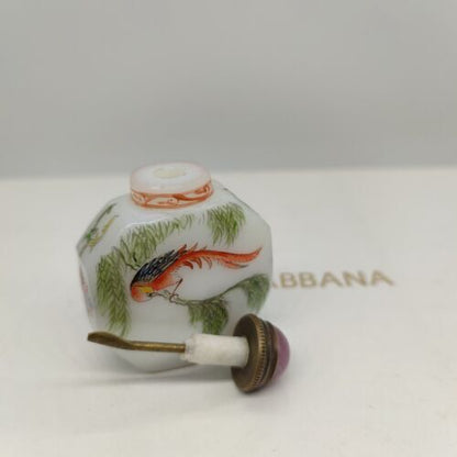vintage chinese peking glass snuff bottle painted bird signed Collectibles glaze