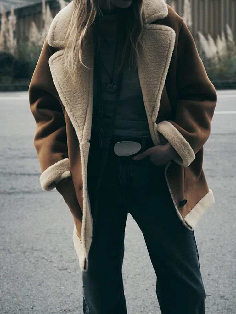 Jacket Fashionable Warm Sheepskin Coat Lapel Vintage Loose Overcoat Parka