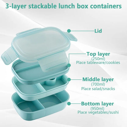 Bento Box 3 Layer Stackable Microwave Lunch Container Cutlery Set 21.5x14.5x10cm