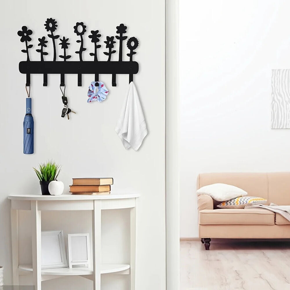 1pc Flower Metal Key Holder 7 Hooks Tulip Daisy Black Iron Wall Mounted Hooks