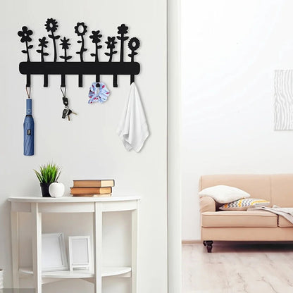 1pc Flower Metal Key Holder 7 Hooks Tulip Daisy Black Iron Wall Mounted Hooks