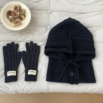 Women Winter Knitted Hat Gloves Set Warm Thicken Imitation Cashmere Scarf Shawls