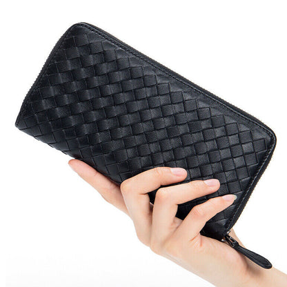 Sheepskin Leather Clutch Wallets Men's Zipper Long Weaving Bag Card/Phone Holder