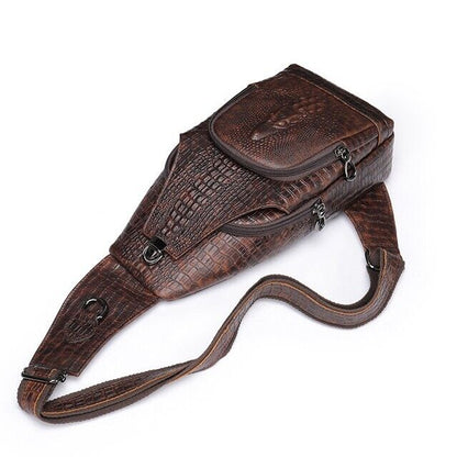 Genuine Leather Sling Backpack, Crocodile Pattern Daypack, Brown Crossbody Bags
