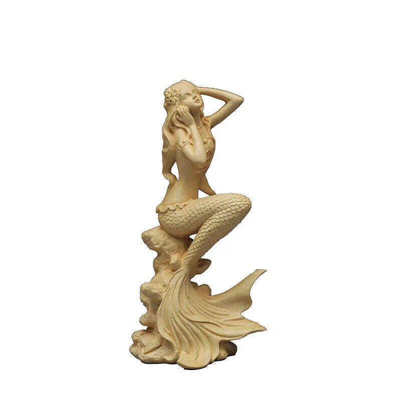 Huangyang Carved Mermaid Solid Wood Carved Crafts Office Beauty Figure statues