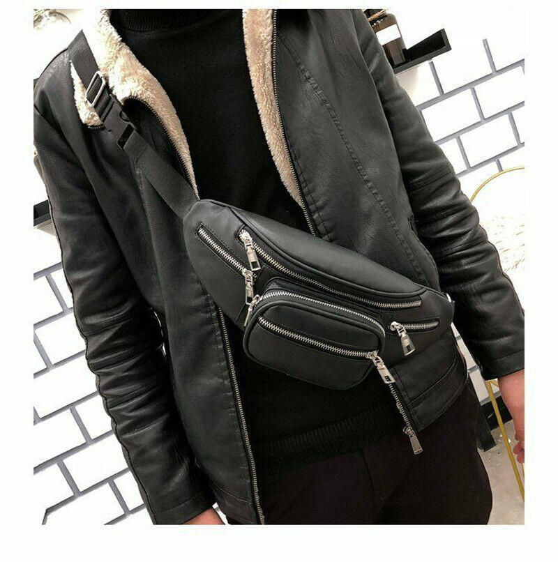 Women's Fanny Pack Purse Shoulder Chest Waist Bag Chain Zipper PU Leather Black