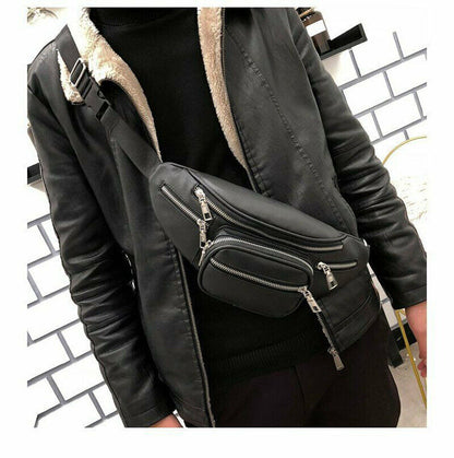 Women's Fanny Pack Purse Shoulder Chest Waist Bag Chain Zipper PU Leather Black