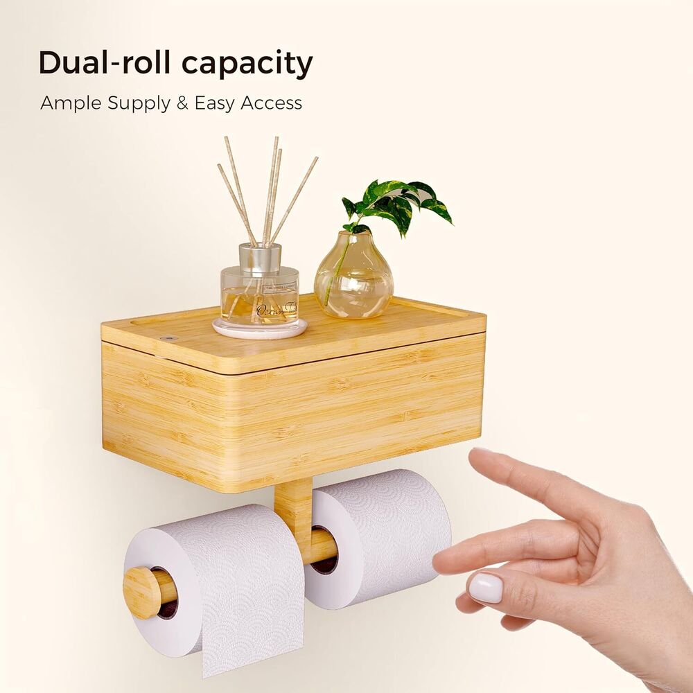 Bamboo Toilet Paper Holder with Shelf and Storage Wall Mount Organizer 3-In-1