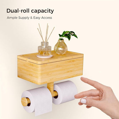 Bamboo Toilet Paper Holder with Shelf and Storage Wall Mount Organizer 3-In-1
