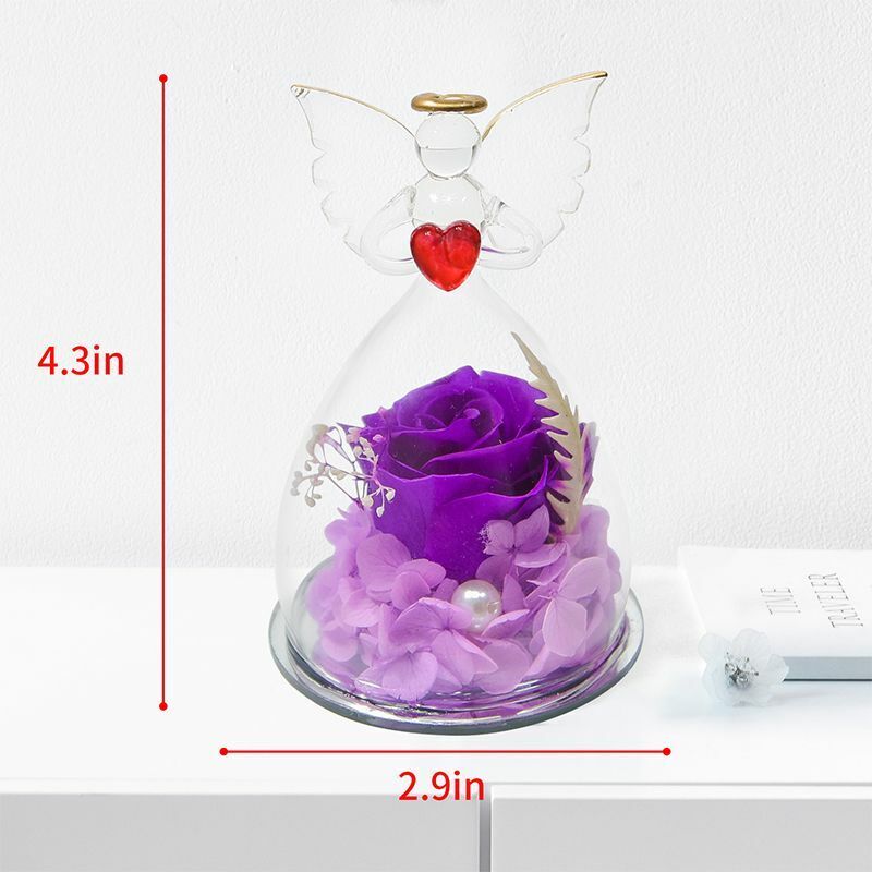 Real Rose Angel In Glass Dome Preserved Flowers Wedding Birthday Gifts 2.9 x4.3"