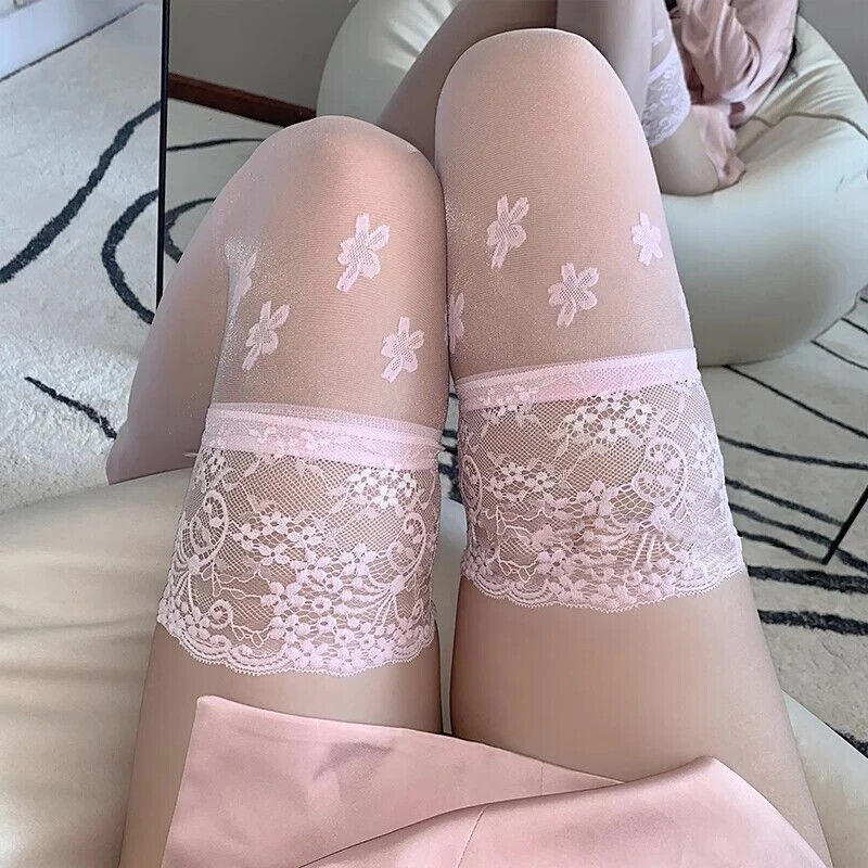 Women Stockings Nylon Spandex Thin Sakura Flowers Lace Top Thigh High Breathable