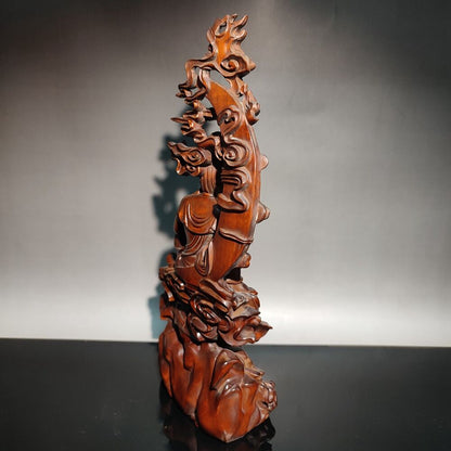 9" chinese boxwood buddha wooden statue antique Free kwan yin carved home decor