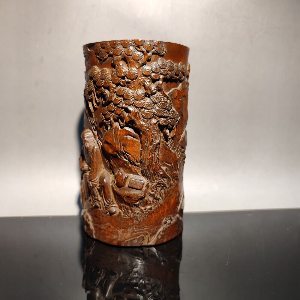 chinese carved brush pot pots pen case statue antique wood carving Figure-story