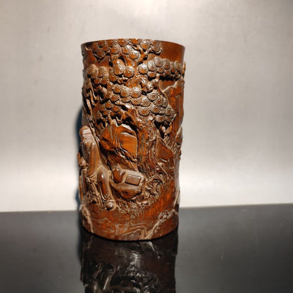 chinese carved brush pot pots pen case statue antique wood carving Figure-story