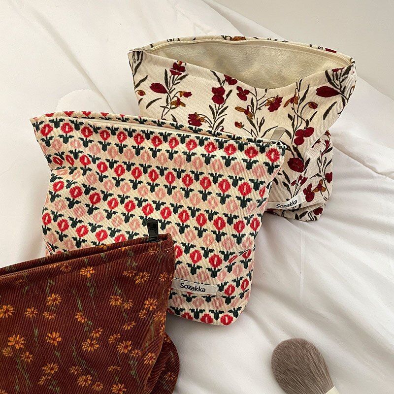 Fashion Corduroy Cosmetic Bag Retro Flower Print Travelling Beauty Storage Bags