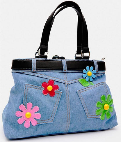 Women Retro Fashion Denim Handbag Shoulder Bag Flower Personality Versatile Bag