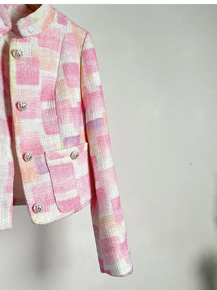 Autumn Winter French Plaid Tweed Short Jacket Coat Women Pockets Outwear