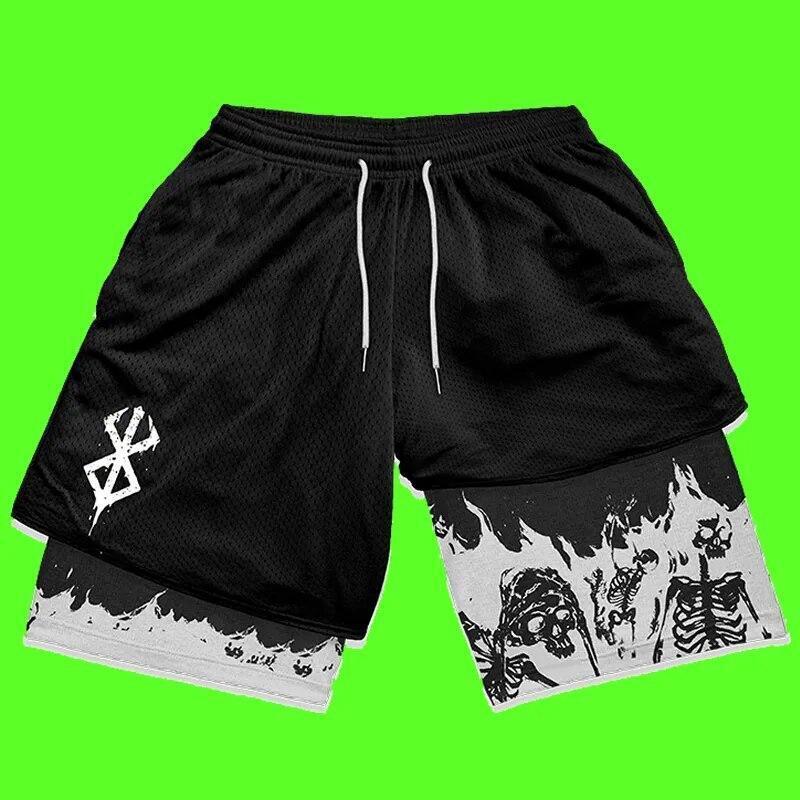 Anime Berserk 2 in 1 Gym Shorts Men Training Short Running Fitness Joggers Sport