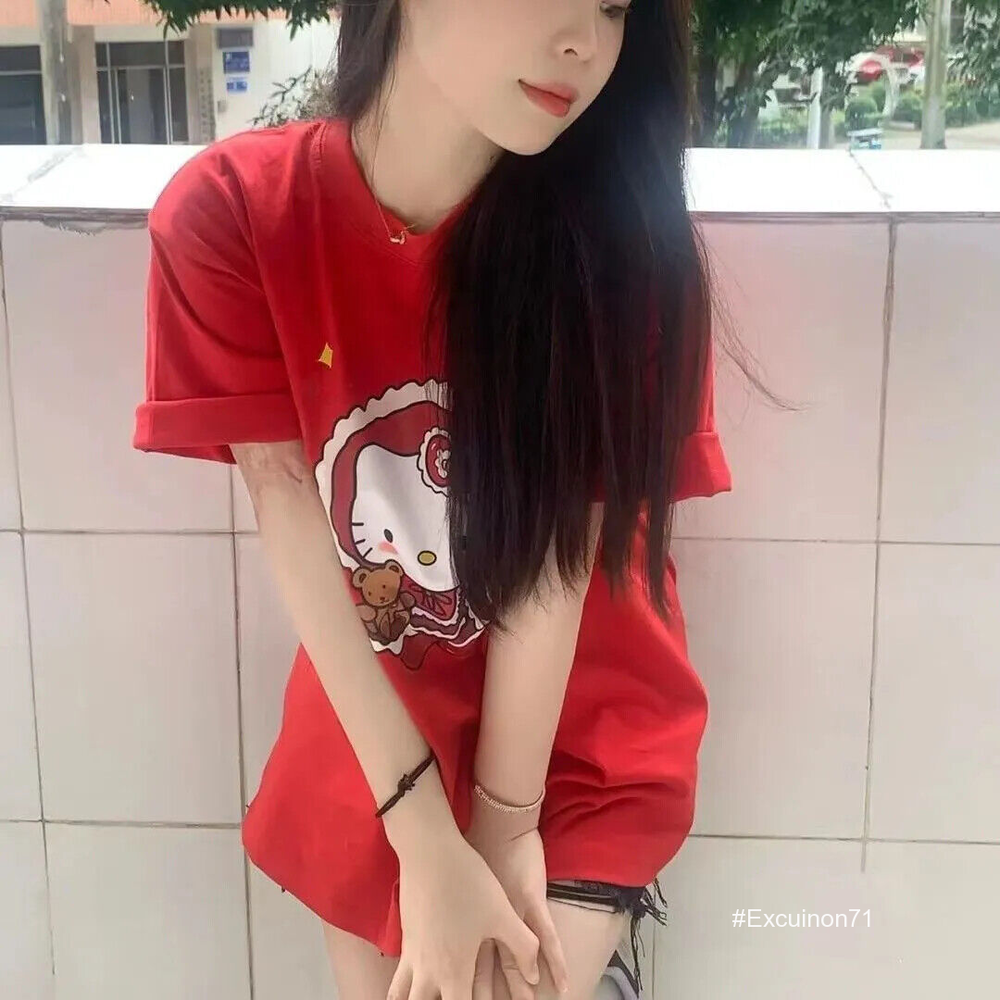 Vintage Y2K Womens Cute Hello Kitty Red Casual Short Sleeves Tops Loose