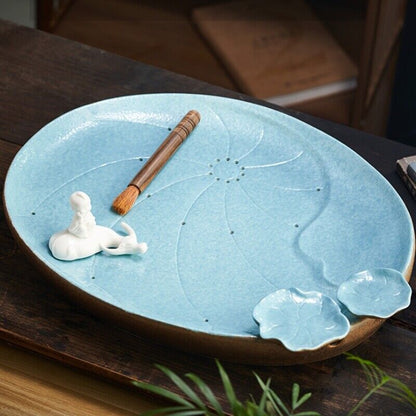ceramic tea tray water reservoir & draining function tea plate lotus design new