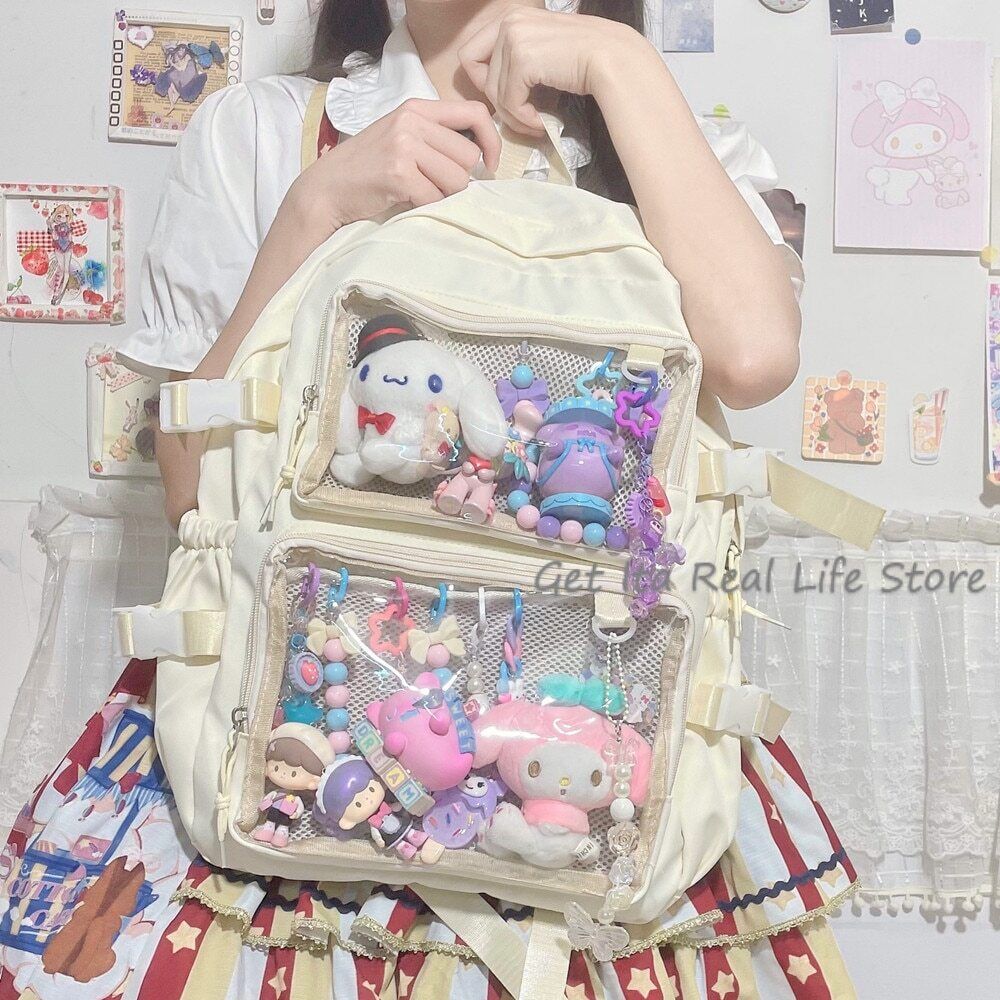 Girls Large School Pink Backpack Two Clear Pockets Display Women Big Bag
