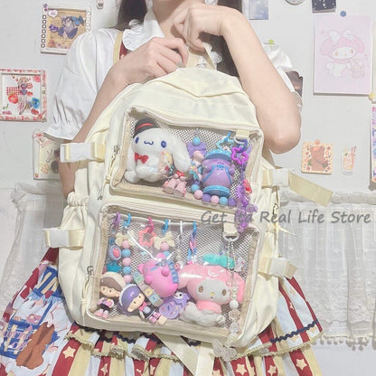 Girls Large School Pink Backpack Two Clear Pockets Display Women Big Bag