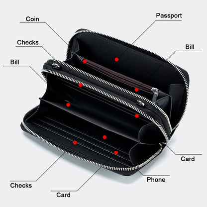 Genuine Leather Women Double Zip Wallet Phone Bag Crossbody Shoulder Pack Black