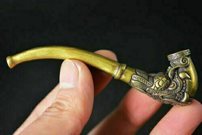 Old Chinese Brass hand-Carved Dragon Head Tobacco Pouch Smoking tools