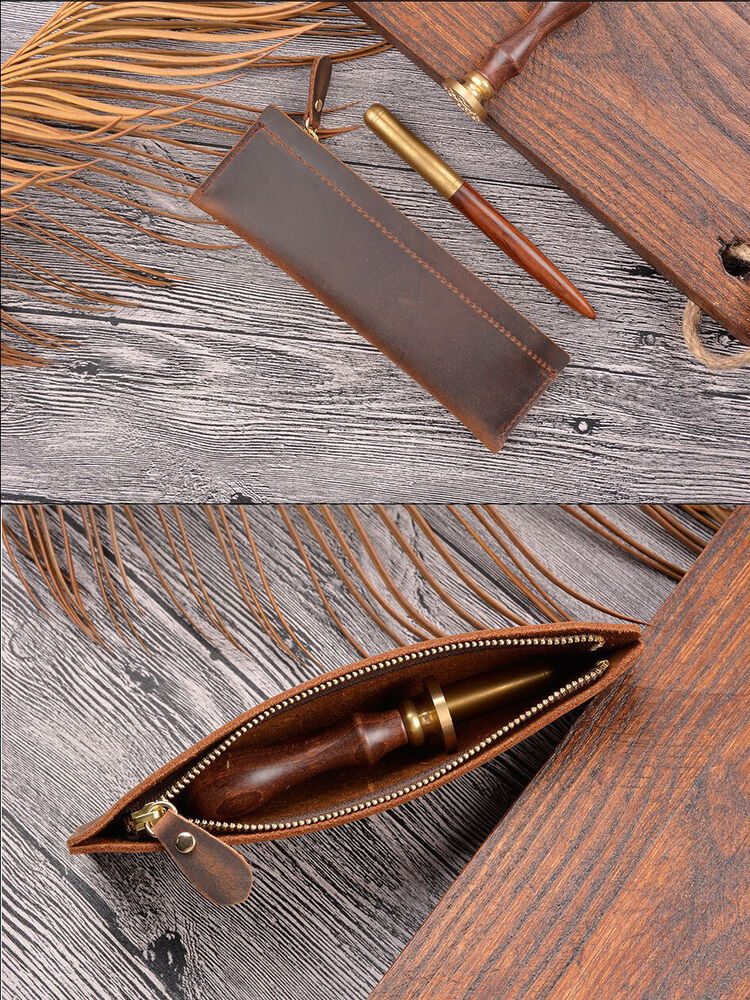 Handmade Cowhide Leather Pen Bag Zipper Pencil Case Vintage Stationery Storage