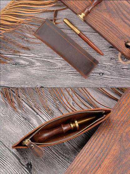 Handmade Cowhide Leather Pen Bag Zipper Pencil Case Vintage Stationery Storage
