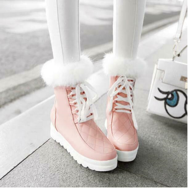 Winter Womens Warm Fur Lace Up High Wedge Inside Platform Ankle Snow Boots Shoes